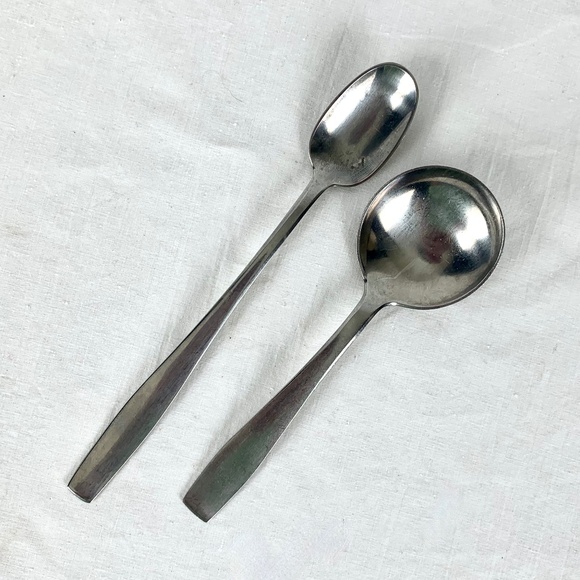 2 pc Georg Jensen Plata Round Soup Spoon and Ice Tea Spoon Vintage Stainless - Picture 1 of 8